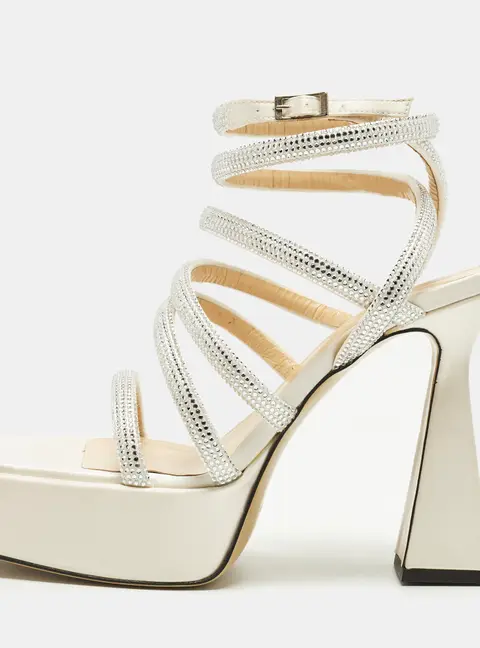 Mach & Mach Sydney Size 40 Cream/Silver Satin Platform Ankle Strap Sandals