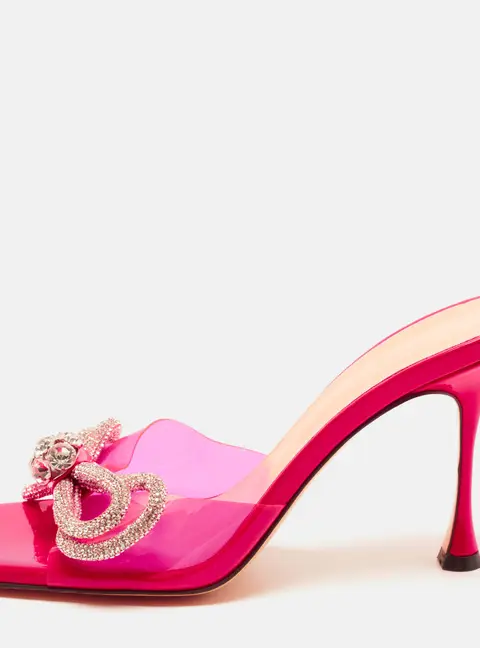 Mach & Mach Double Bow Size 40 Pink PVC Crystal Embellished Slide Sandals