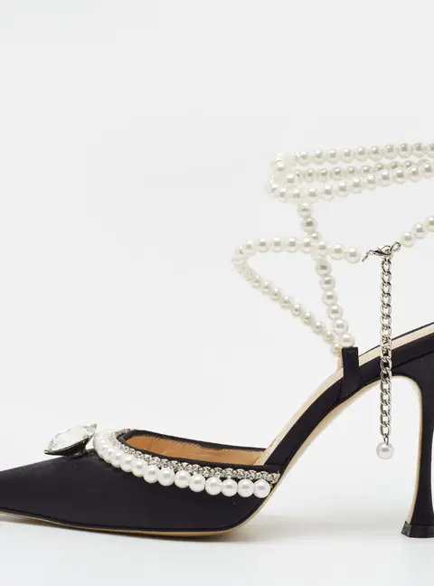 Mach & Mach Size 39 Black Satin Faux Pearl Crystal Embellished Ankle Strap Pumps
