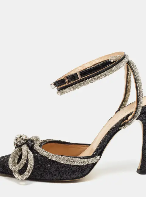 Mach & Mach Double Bow Size 39 Black Glitter Crystal Embellished Ankle Strap Pumps