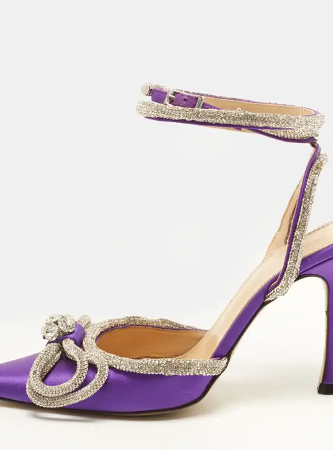 Mach & Mach Double Bow Size 39 Purple Satin Crystal Embellished Ankle Wrap Pumps