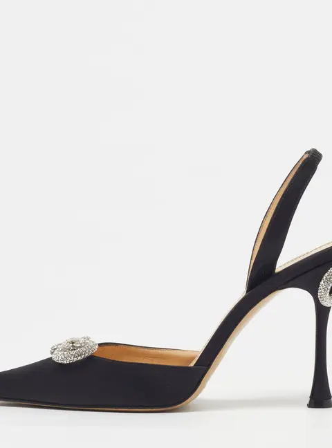 Mach & Mach Double Bow Size 39 Black Satin Crystal Embellished Ankle Strap Pumps