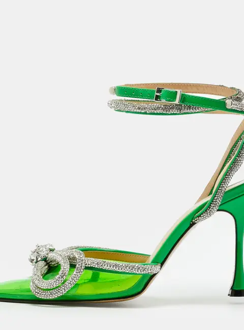 Mach & Mach Double Bow Size 36 Green Patent Leather and PVC Crystal Embellished Pumps