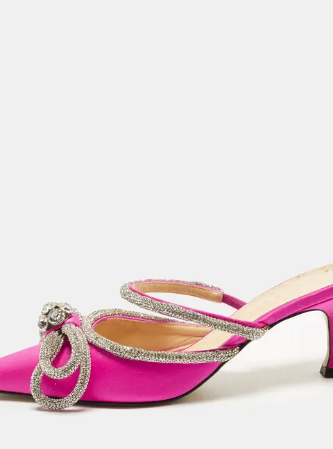 Mach & Mach Double Bow Size 36 Fuchsia Pink Satin Mules