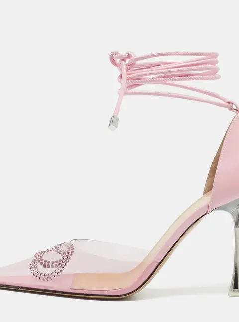 Mach & Mach Pink Leather and PVC Crystal Embellished Bow Ankle Tie Pumps Size 39.5