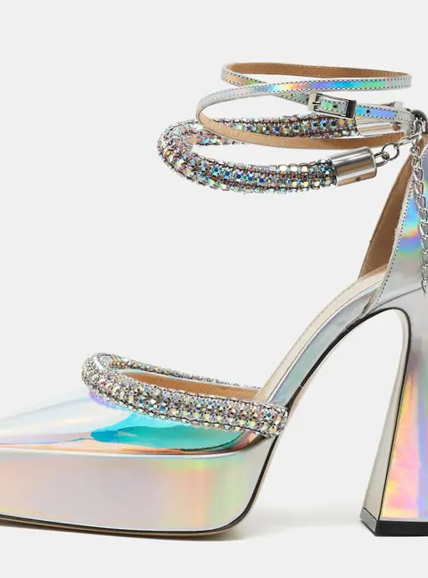 Mach & Mach Silver Iridescent PVC Crystal Embellished Kimberly Platform Pumps Size 38