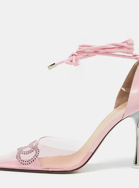 Mach & Mach Pink Leather and PVC Crystal Embellished Bow Ankle Wrap Sandals Size 40.5