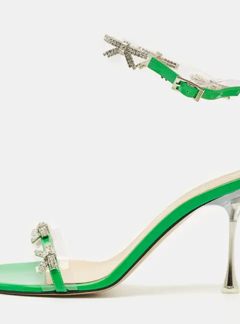 Mach & Mach Green Patent Leather and PVC Floating Crystal Bow Sandals Size 39.5