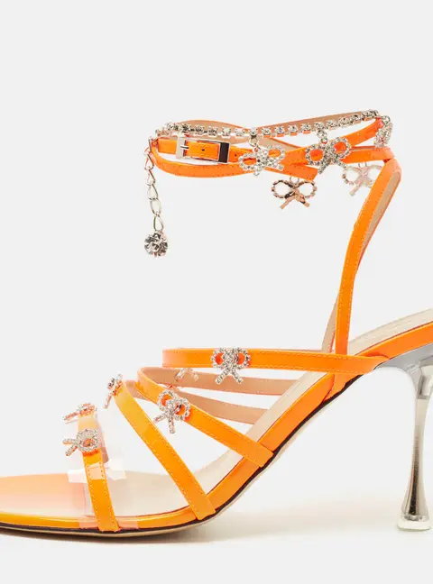 Mach & Mach Neon Orange Patent Leather Crystal Bow Camille Sandals Size 38.5