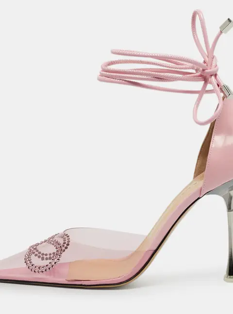 Mach & Mach Pink Leather and PVC Crystal Embellished Bow Ankle Wrap Sandals Size 39.5