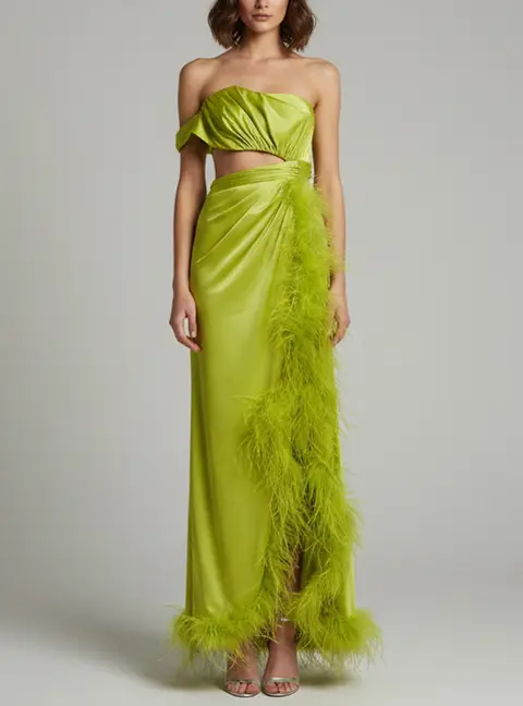 Mac Duggal Green Satin One-shoulder Feather Trim Long Dress S