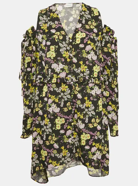 Magda Butrym Black Floral Print Silk Cold-Shoulder Short Dress S