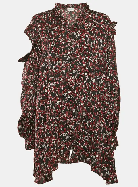 Magda Butrym Black Floral Print Silk Cold-Shoulder Single Sleeve Mini Dress S