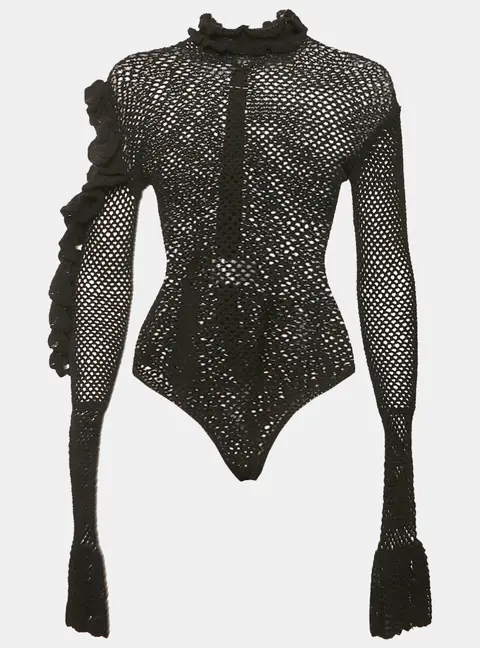 Magda Butrym Black Crochet Ruffled Cold Shoulder Bodysuit M