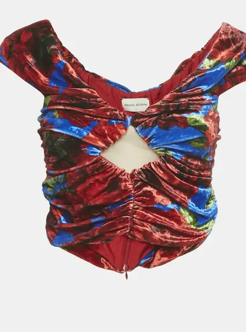 Magda Butrym Multicolor/Red Printed Velvet Ruched Crop Top S