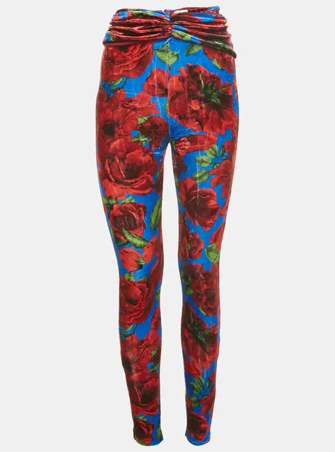Magda Butrym Multicolor/Red Rose Print Velvet Drape Detail Leggings S