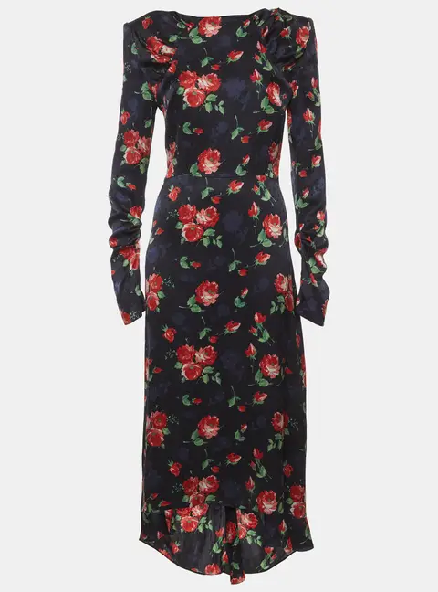 Magda Butrym Navy Blue Floral Print Satin Jacquard Midi Dress S