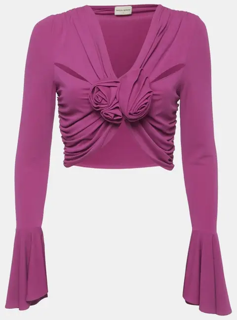 Magda Butrym Purple Flower Applique Draped Jersey Crop Top M