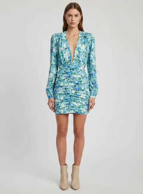 Magda Butrym Blue Floral Print Silk Crepe Setubal Mini Dress S