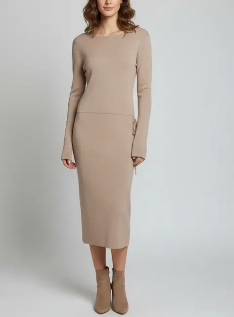 Magda Butrym Beige Knitted Tie-Up Top & Open Side Skirt Set S