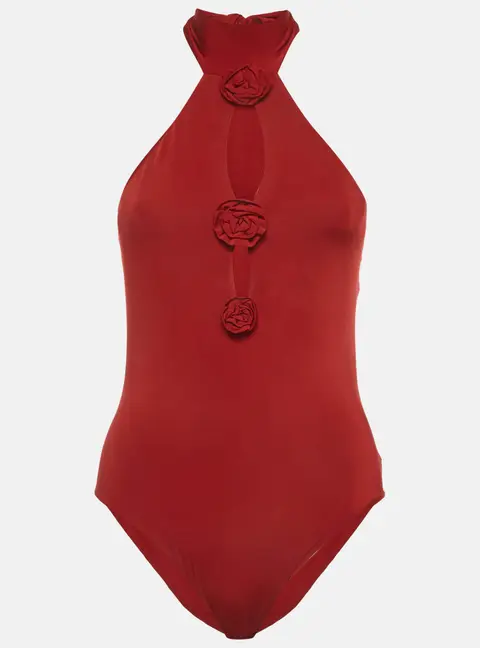 Magda Butrym Red Floral Appliqu&eacute; Jersey Halter Bodysuit Top S