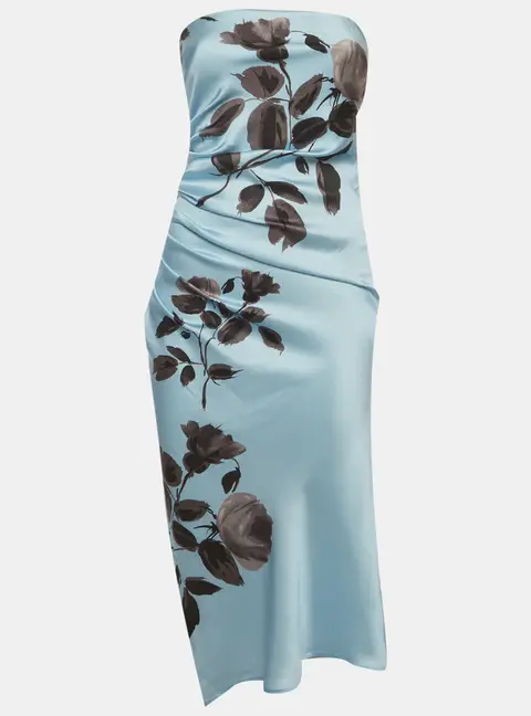 Magda Butrym Blue Floral Print Satin Strapless Ruched Midi Dress S