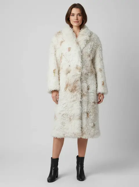 Magda Butrym Off White/Brown Curly Shearling Belted Long Coat M