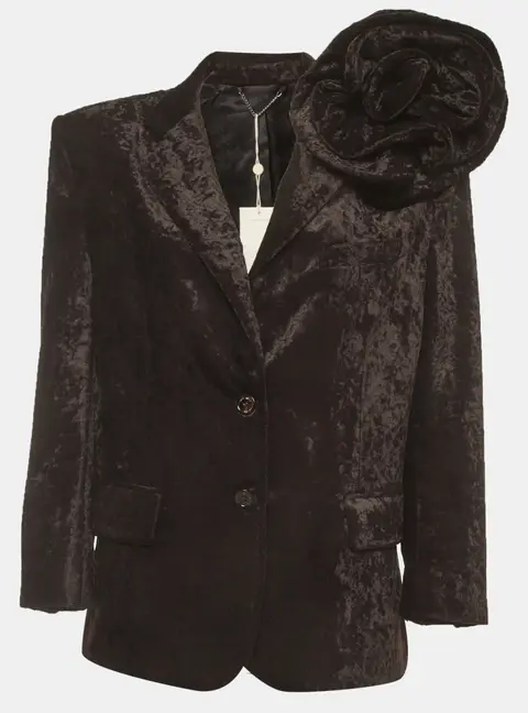 Magda Butrym Black Velvet Floral Applique Single Breasted Blazer S