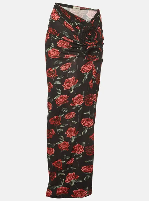 Magda Butrym Black Floral Print Knit Draped Maxi Skirt S