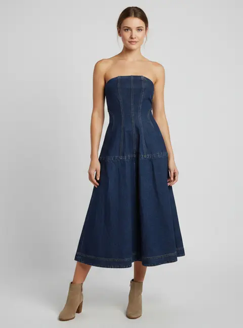 Magda Butrym Blue Denim Flared Strapless Midi Dress S