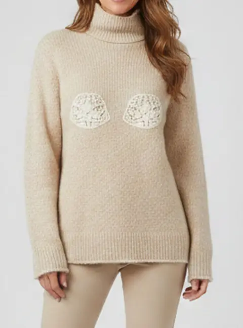 Magda Butrym Beige Wool Blend Crochet Trim Turtle Neck Sweater S