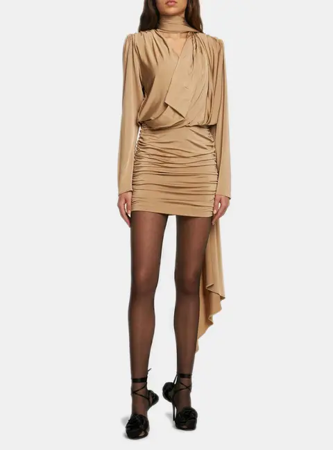 Magda Butrym Beige Ruched Jersey Draped Scarf Detail Mini Dress S