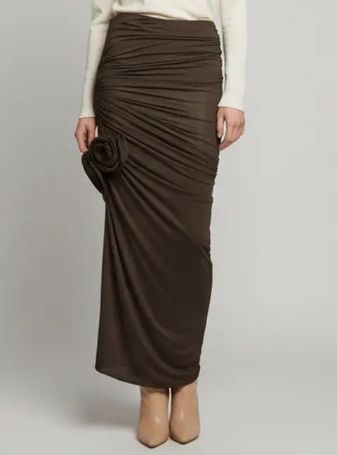 Magda Butrym Black Ruched Jersey Floral Applique Slit Midi Skirt S