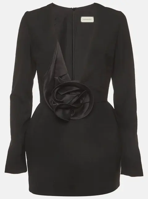 Magda Butrym Black Floral Applique Crepe Plunge V-Neck Mini Dress S
