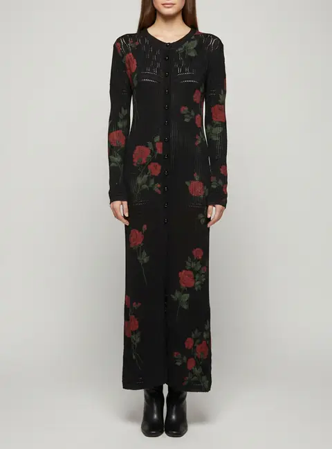 Magda Butrym Black Rose Print Pointelle Knit Long Cardigan S