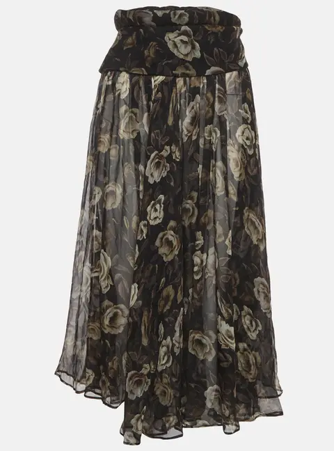 Magda Butrym Black Floral Print Silk Chiffon Midi Skirt S