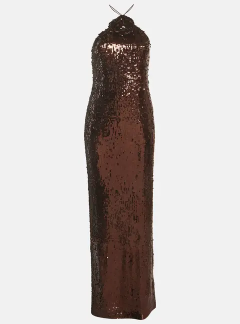 Magda Butrym Brown Sequin Embellished Halter Neck Gown S