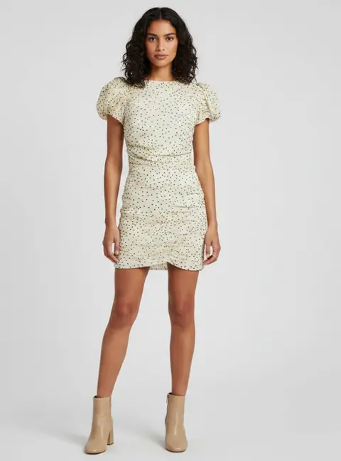 Magda Butrym Cream Polka Dot Print Chiffon Ruched Mini Dress S