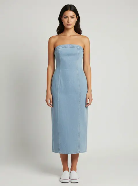 Magda Butrym Blue Denim Strapless Midi Dress S