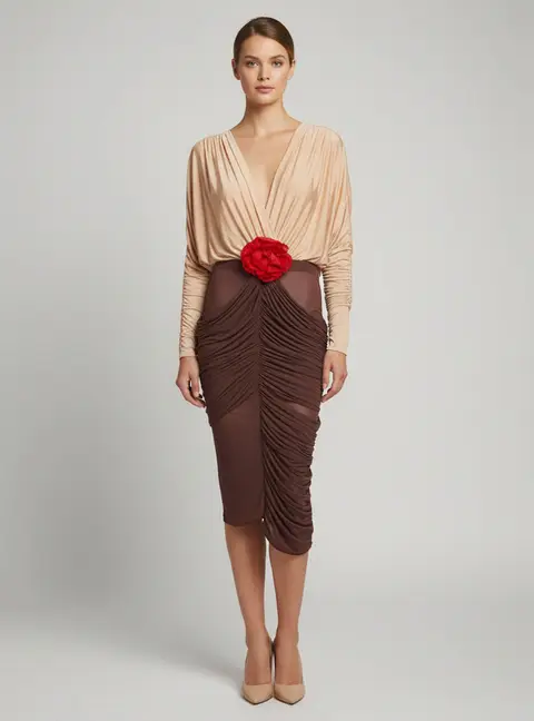 Magda Butrym Beige/Brown Jersey Ruched Plunge Neck Midi Dress S