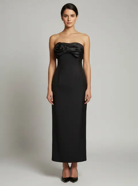 Magda Butrym Black Wool and Silk Blend Strapless Midi Dress S