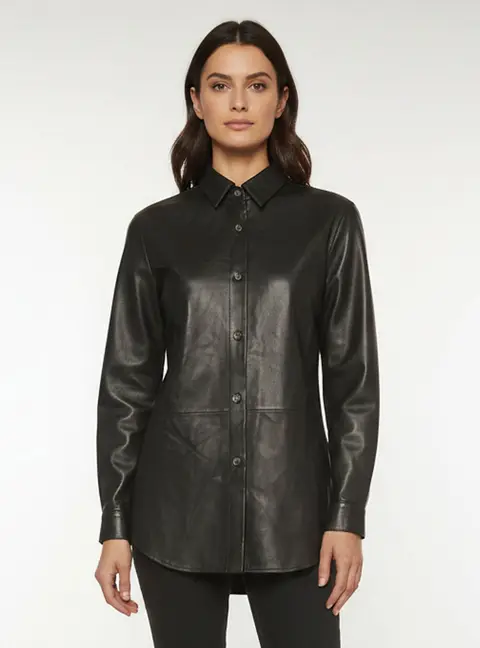 Magda Butrym Black Leather Long Sleeve Shirt S