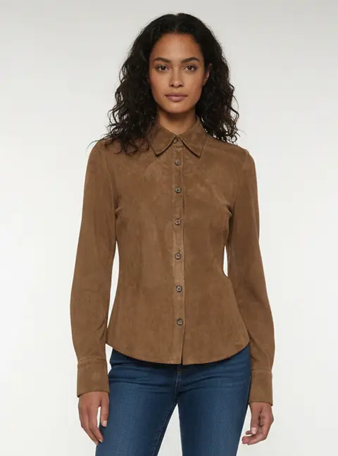 Magda Butrym Brown Leather Suede Long Sleeve Shirt S