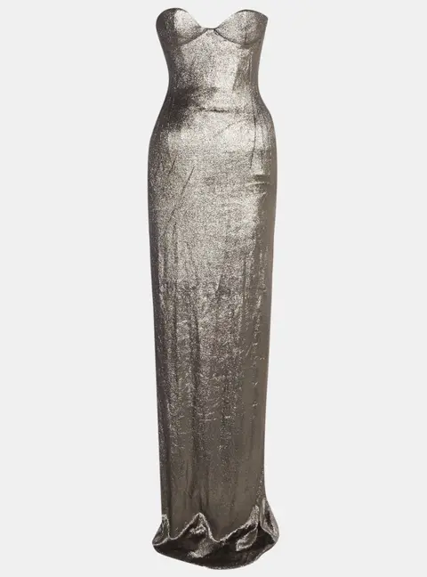 Magda Butrym Silver Lame Strapless Hourglass Bustier Maxi Dress S
