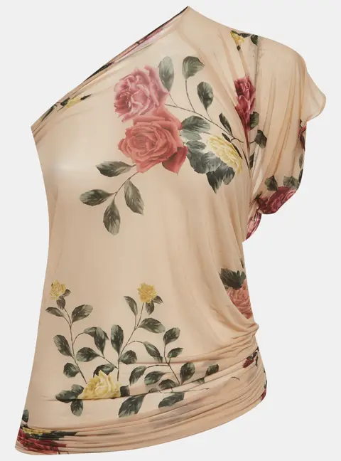 Magda Butrym Beige Floral Print Jersey One Shoulder Top S