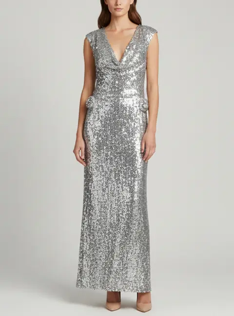 Magda Butrym Silver Sequin Backless Maxi Dress S