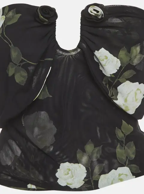 Magda Butrym Black Rose Print Mesh Sheer Ruched Crop Top S