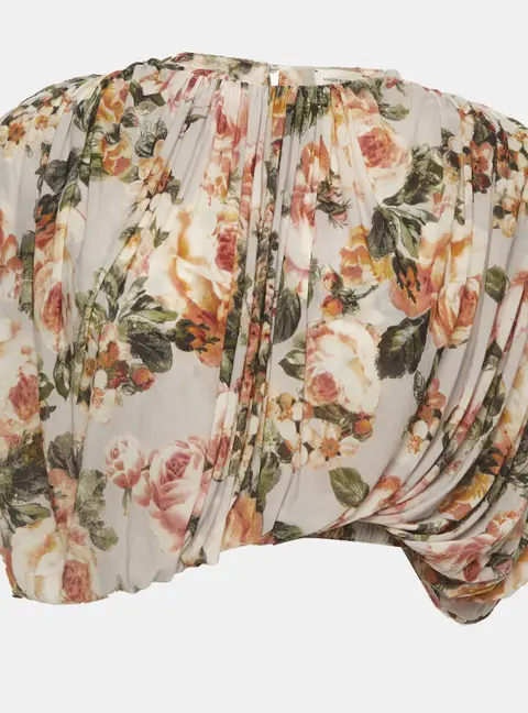 Magda Butrym White Floral Print Jersey Gathered Crop Top S
