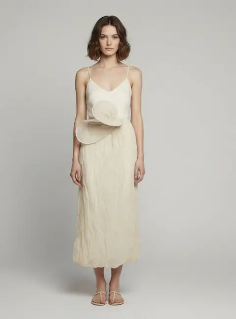 Magda Butrym Beige Rose Appliqu&eacute; Crinkled Cotton Midi Skirt S