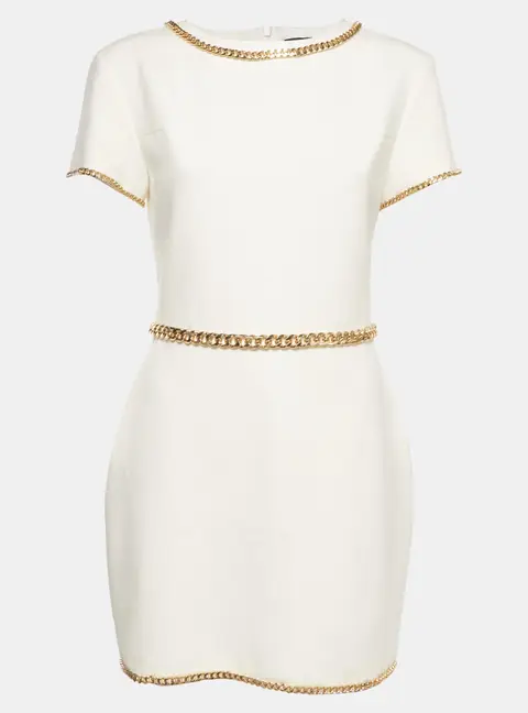Ma&euml; Paris Off White Chain Trim Crepe Short Sleeve Deliverance Sheath Dress L